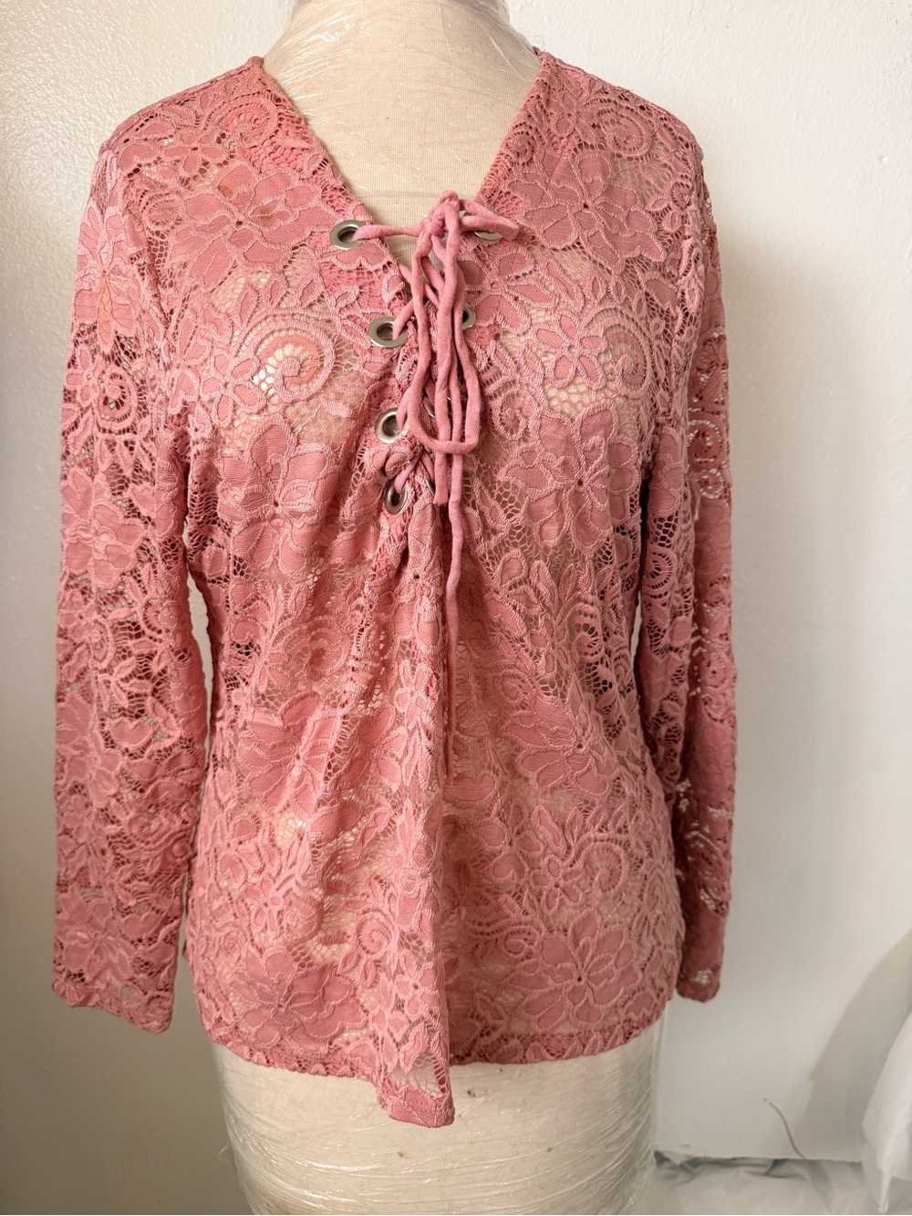 cleo Dusty Rose Lace-Up Long Sleeve Lace Top